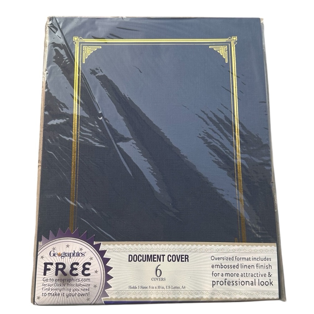 Geographics Document Covers Embossed Linen Finish Blue with Gold Detail